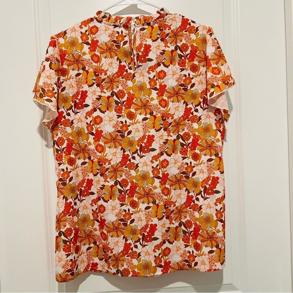 SimpleFun Women's Boho Top Floral Ruffle Short Sleeve Mock Neck Flowy Size Large - Picture 8 of 9